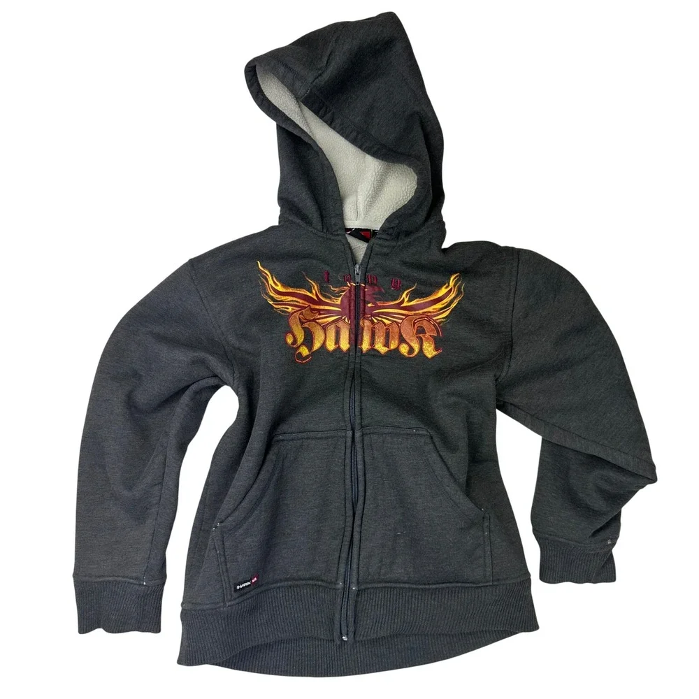 Tony Hawk Zip Up Hoodie Sherpa Lined Flame Phoenix‎ Graphic Gray Boys M (10/12)